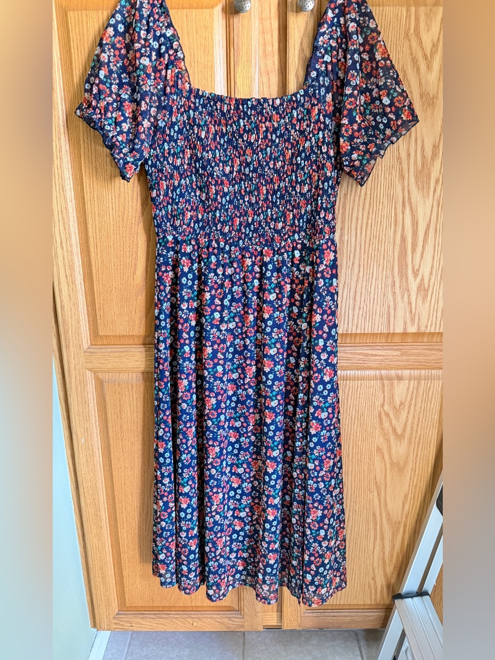 Siren Lily Navy Floral Smocked Midi Dress Pink & Coral Blossoms on/off shoulder